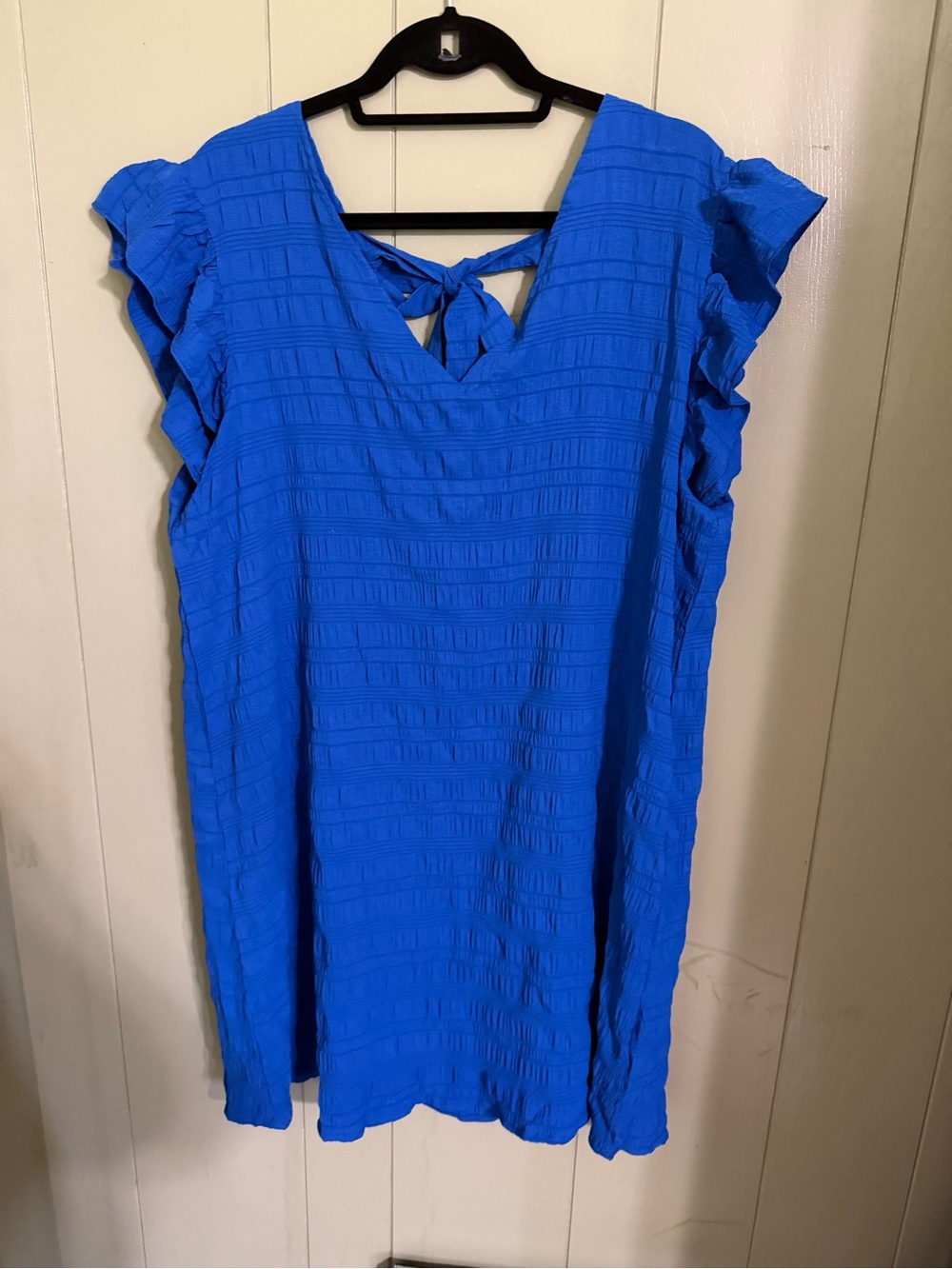 Bright Blue Ruffle Sleeve V-Neck Tunic with Back Tie